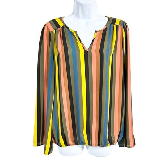 Allison Joy Multicolor Striped Long Sleeve Split V-Neck Blouse Top Size M - Picture 4 of 10
